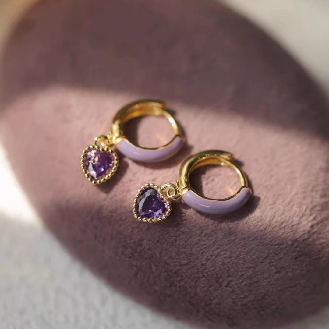 Enamel Purple Love Heart Earrings Women's High Sense Special-interest Design