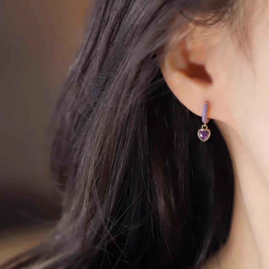 Enamel Purple Love Heart Earrings Women's High Sense Special-interest Design