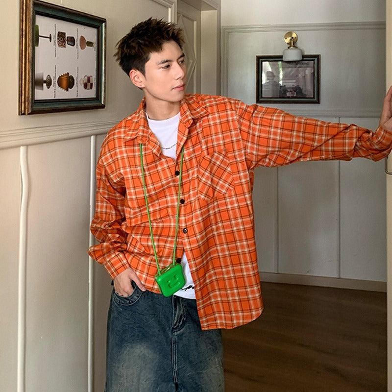Retro Design Long Sleeve Lining Loose Casual Orange Plaid Shirt Men