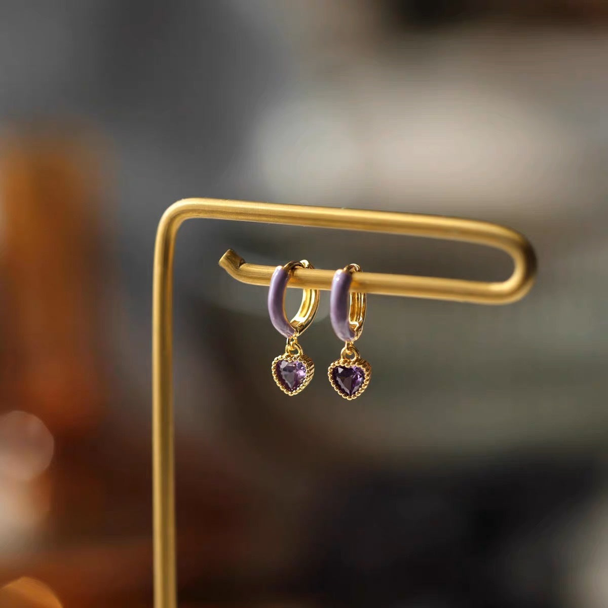 Enamel Purple Love Heart Earrings Women's High Sense Special-interest Design
